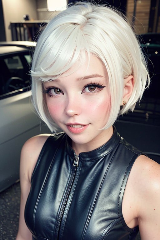 a woman (wearing a leather vest:1.2), (face closeup:1.1), (short white hair:1.1), (short haircut:1.2),  (8k, RAW photo, be...